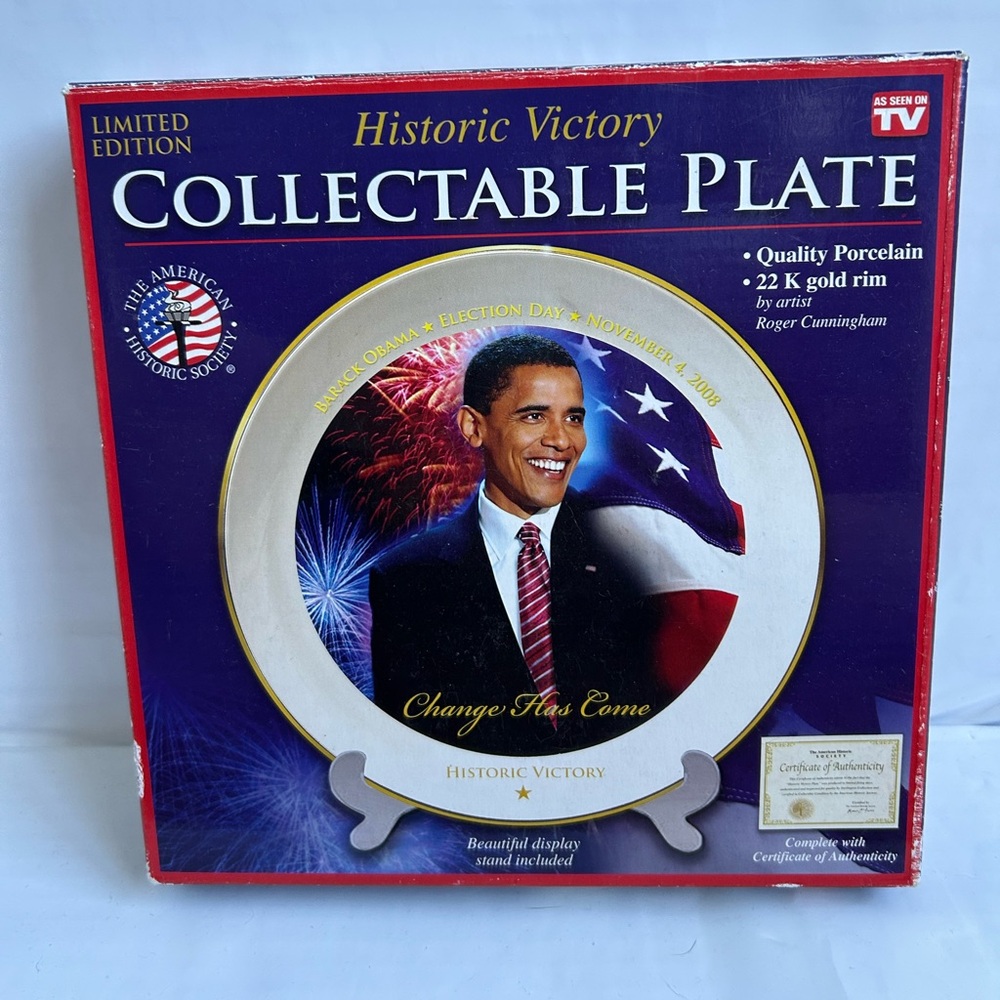 Barack Obama Historic Victory Collectable Plate/Stand & Certificate in Box